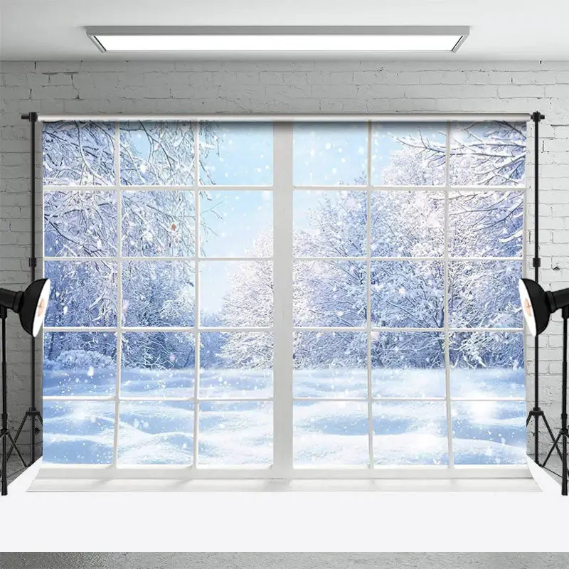 White Window Snowy World Forest Winter Backdrop - Aperturee