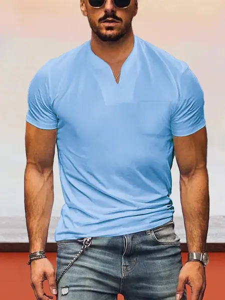 Loose Fit V-neck Short Sleeves T-shirt, Blue / XXXL