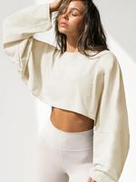 Women's Plain Batwing Sleeve Crop Sweatshirt, Minimalist Chic Street Casual Drop Shoulder Round Neck Pullover for Fall, Ladie...