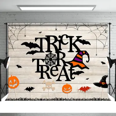 Trick Or Treat Witch Hat Wood Halloween Party Backdrop - Aperturee