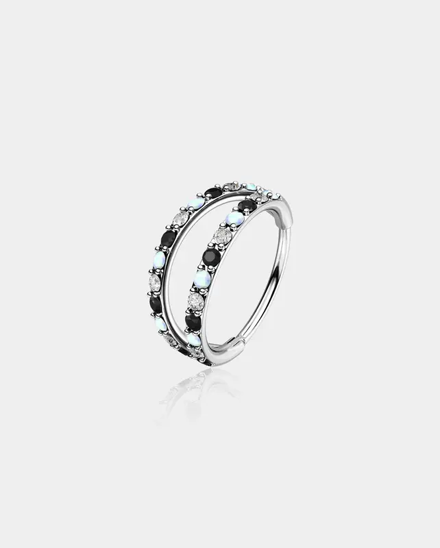 Alternating Opal/ CZ Double Hoop Nose Ring - Black / 7mm