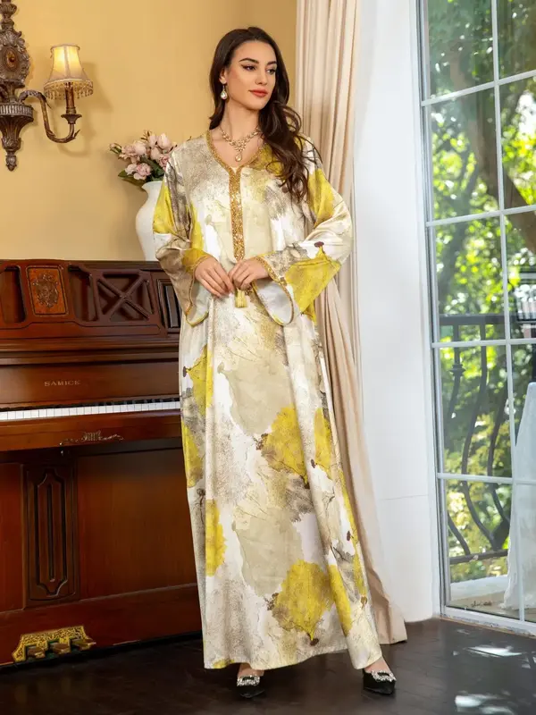 Arabic Clothing-Women's Colorblock Leaf Print Tassel V Neck Arabian Dress, Elegant Rhinestone Decor Long Sleeve Long Dress fo...