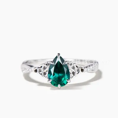 Teardrop Cut Emerald Celtic Knot Engagement Ring Diamond Twisted Ring
