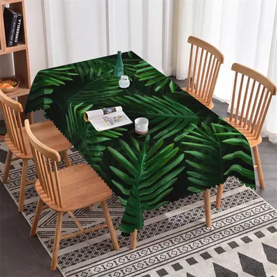 Tropical Dark Green Leaf Black Rectangle Tablecloth - Aperturee