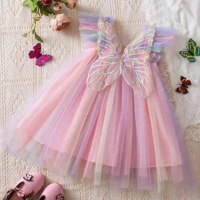 Baby Girls Rainbow Pink Tulle Mesh Dress 3D Butterfly Flying Sleeves Vestido Summer Kids Wedding Birthday Party Princess Dres...