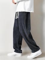 Men's Plain Pocket Drawstring Waist Corduroy Sweatpants, Fashionable Loose Baggy Straight Leg Pants for Men, Fall Pants for M...