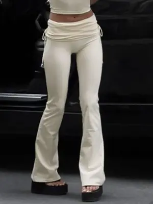 Women's Plain Ruched Drawstring Rib Flares  Leg Pants, Casual Street Drop Waist Bell Bottom Trousers for Daily Wear Outdoor, ...