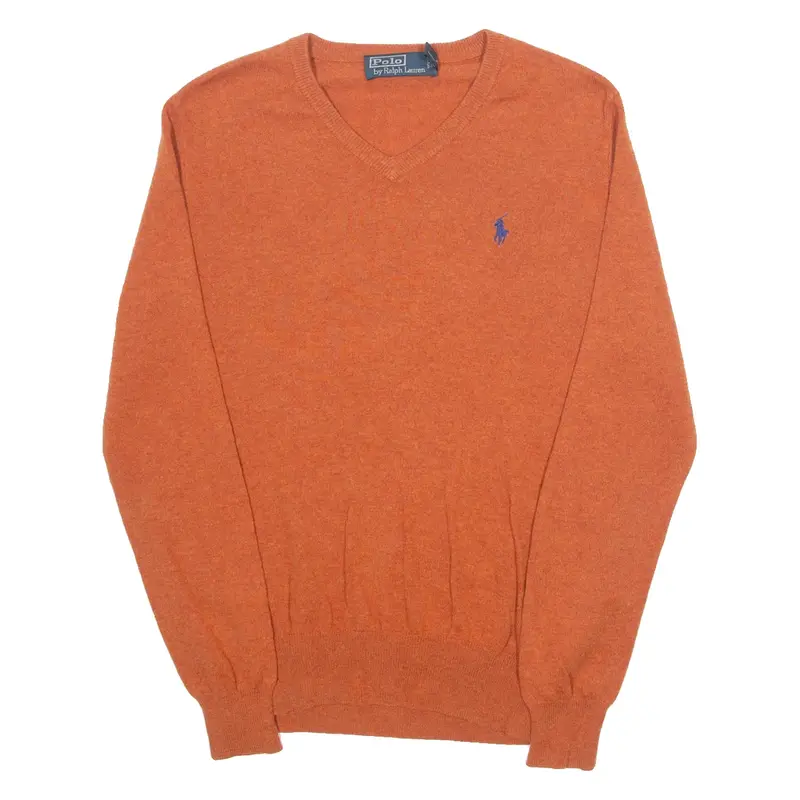 POLO RALPH LAUREN Mens Jumper Orange V-Neck Tight Knit S