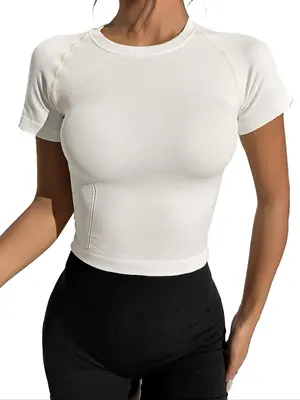 Women's Solid Round Neck Raglan Sleeve Sports Tee, Summer Clothes Women, Quick Drying Breathable Crew Neck T-shirt for Yoga G...