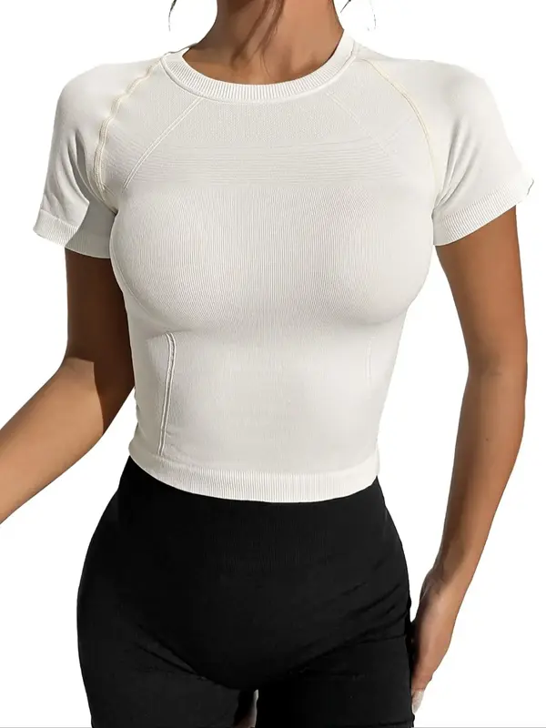 Women's Solid Round Neck Raglan Sleeve Sports Tee, Summer Clothes Women, Quick Drying Breathable Crew Neck T-shirt for Yoga G...