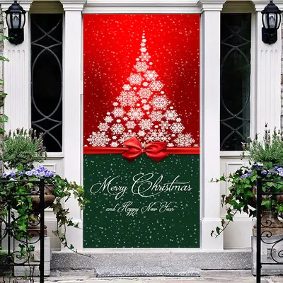 Red Green Snowy Tree Bow Tie Christmas Door Cover - Aperturee