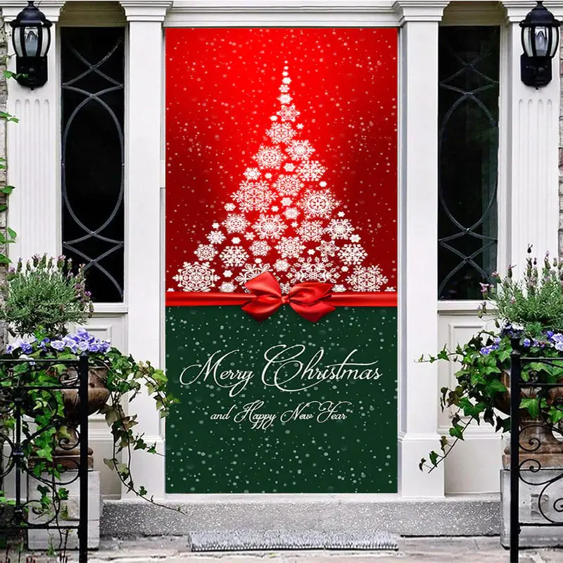 Red Green Snowy Tree Bow Tie Christmas Door Cover - Aperturee