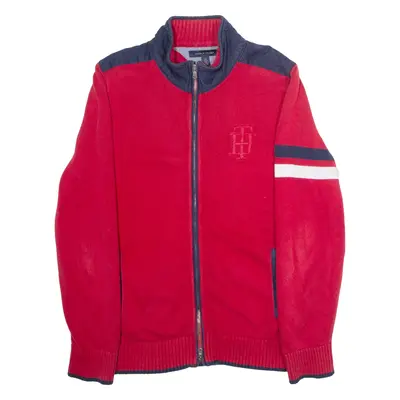 TOMMY HILFIGER Mens Jumper Red Colourblock High Neck Tight Knit L