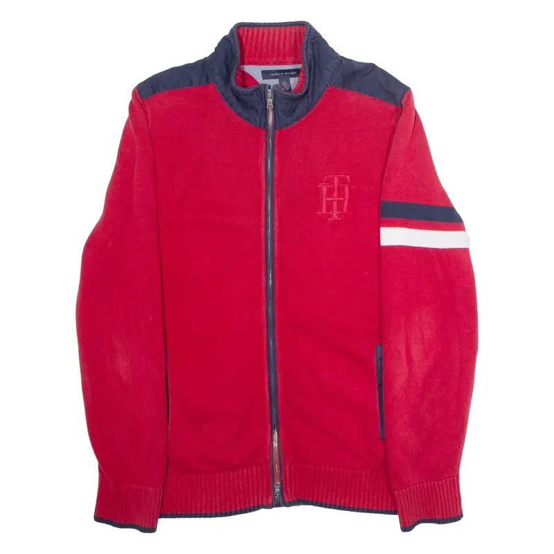 TOMMY HILFIGER Mens Jumper Red Colourblock High Neck Tight Knit L