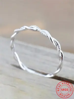 925 Sterling Silver Twisted Rope Design Ring, Temperament Zircon Inlaid Ring, Trendy Exquisite Hand Jewelry for Women As Gift