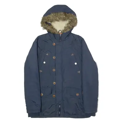 EST. 1972 Faux Fur Trim Mens Parka Coat Blue Hooded S
