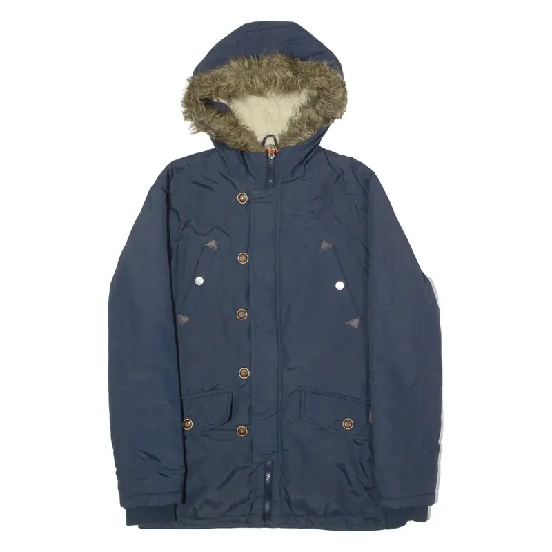 EST. 1972 Faux Fur Trim Mens Parka Coat Blue Hooded S