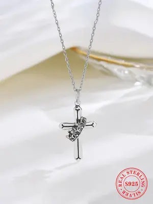 925 Sterling Silver Vintage Cross Pendant Necklace for Women, Fashion Jewelry for Party, Daily Clothing Decor, Trendy All-mat...