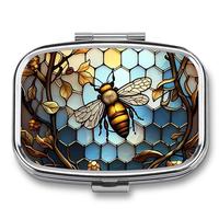 Vintage Bee & Tree Pattern Medicine Box, 1 Count Portable 2-grid Medicine Storage Box, Pill Box for Home School Office Outdoo...
