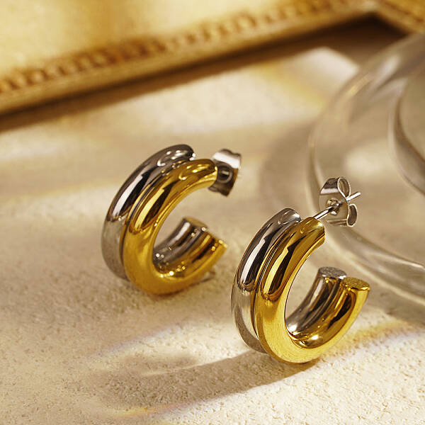 Elegant Stainless Steel Double Layer C-shaped Half Hoop Stud Earrings for Women