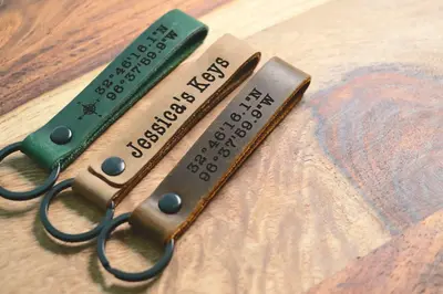SLIM Personalized Leather Keychain, Personalized Coordinates Keychain, Where it All Began, 3 year Anniversary Gift. Mens gift...