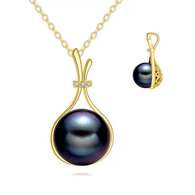 14K Gold Round Black Pearl Pendant Necklace