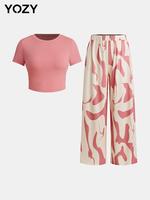 YOZY Valentine's Day Gift for Girl, Solid Crop Top & All Over Print Pants Set, Casual Trendy Round Neck Tee & Loose Pocket T...