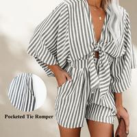 Asivivd 3/4 Wide Kimono Sleeves Tie Front Striped Romper with Pockets