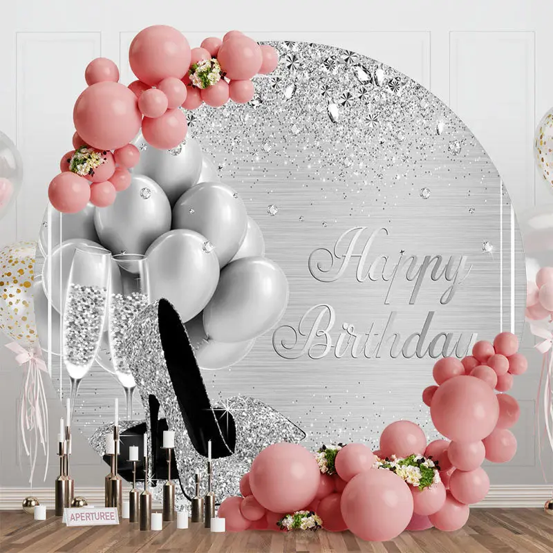 Sliver Balloon Sparkling Round Birthday Backdrop - Aperturee