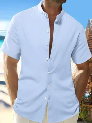 Men's Loose Solid Button Down Shirt, Summer Clothes, Streetwear Short Sleeve Stand Collar Button Front Top, Casual Daily Sum...