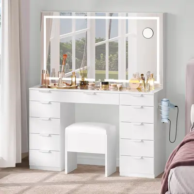YITAHOME Makeup Vanity Set, Led Lighted with Sliding Mirror Makeup Dressing Table 11 Drawer for Girls Gift