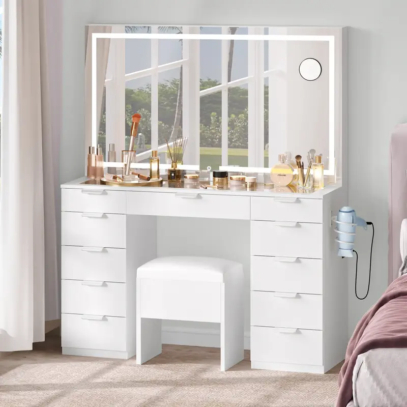 YITAHOME Makeup Vanity Set, Led Lighted with Sliding Mirror Makeup Dressing Table 11 Drawer for Girls Gift