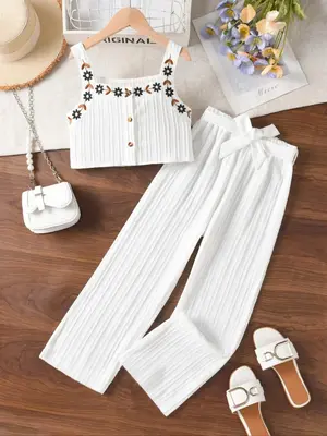 White Two-Piece Set Girl's Floral Embroidery Crop Tank Top & Wide Leg Pants Set, Casual Sleeveless Square Neck Top & Trousers...