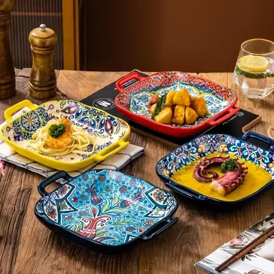 Boho Style Ceramic Serving Plate, 2 Counts/set Exquisite Flower Pattern Ceramics Plate with Handle, Creative Household Salad ...
