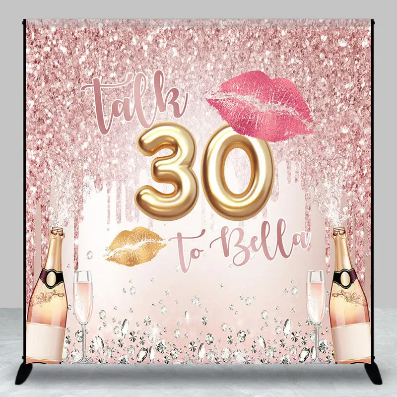 Custom Pink Glitter Champagne 30th Birthday Backdrop - Aperturee