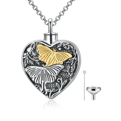 Sterling Silver Two-tone Butterfly Urn Necklace for Ashes