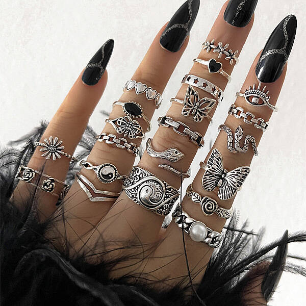 21Pcs Alloy Enamel with Plastic Pearl Finger Rings Sets