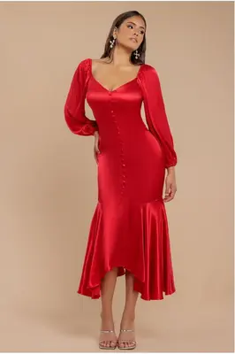 Goddiva Satin Viscose Front Buttoned Dipped Hem Midaxi Dress - Red