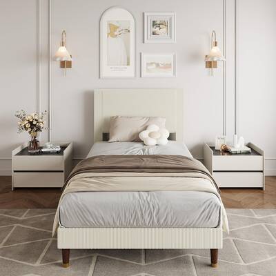 Garvee Upholstered Platform Bed Frame with Headboard, Twin Size Corduroy Fabric Bed with Metal Slat Support, No Box Spring Ne...