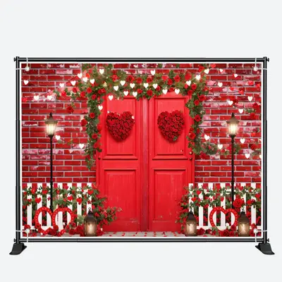 Red Door Brick Wall Flowers Valentines Day Backdrop - Aperturee