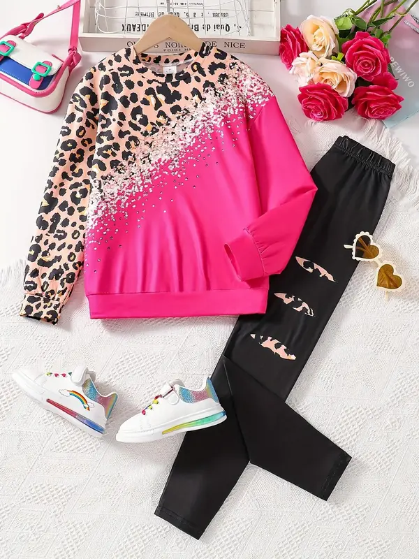 Two-Piece Set Girl's Patchwork Leopard Print Top & Elastic Waist Leggings Set, Casual Fashion Round Neck Long Sleeve Top & S...
