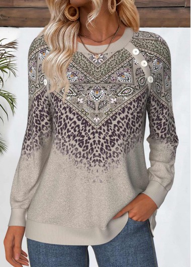 Modlily Gray Brown Tummy Coverage Tribal Print Long Sleeve Sweatshirt - M
