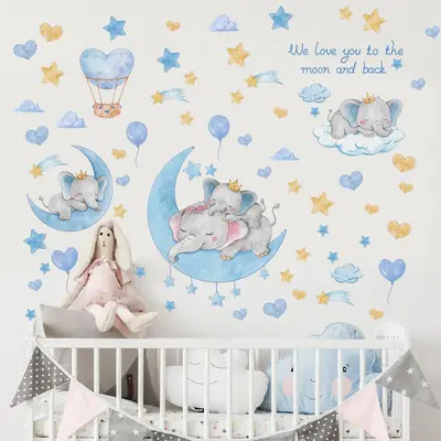 Wall Sticker, Baby Elephant, Star, Moon & Clouds Pattern Wall Sticker, Wall Decals For Nursery, Decoration Items