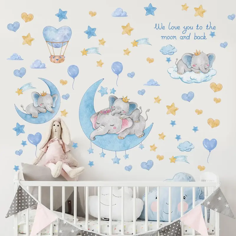 Wall Sticker, Baby Elephant, Star, Moon & Clouds Pattern Wall Sticker, Wall Decals For Nursery, Decoration Items