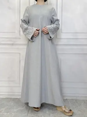 Women's Floral Embroidery Dress, Casual Long Sleeve Dress for Spring & Fall, Modesty Style Dresses, Muslims Clothes, Wome...