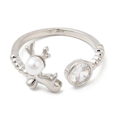 Plastic Pearl Christmas Deer Open Cuff Ring with Cubic Zirconia