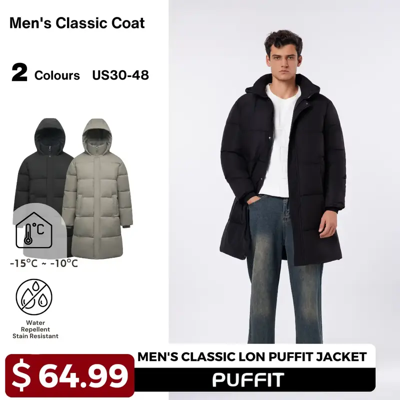 PUFFIT Men‘s Classic Hooded Long Puffer Coat , Long Quilted Outerwear Jacket Big Pocket, Winter Warm Basic Long Sleeve Tops...