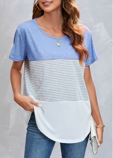 Modlily Round Neck Striped Light Blue T Shirt - XL