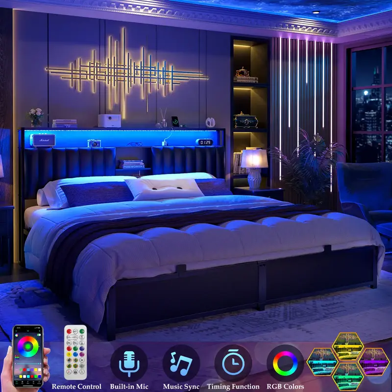 Cyclysio King/Queen/Full Size Bed Frame with Charging Station & Led Lights, Sturdy Metal Platform Bed with Leather Upholstere...