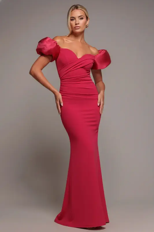 Goddiva Puffy Satin  Sleeve Scuba Maxi Dress - Magenta